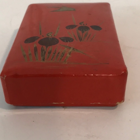 Japanese Lacquer BOX w/Paper Mache Floral Hand Painted Box Orange W/ Gold Bird - Picture 3 of 12